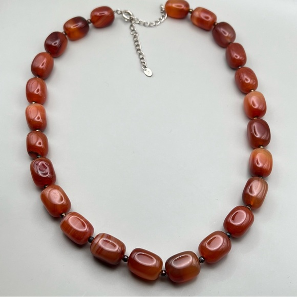 Vintage Lucas Lameth CN 925 Red Orange Agate Stone Bead Necklace 17” +3” Ext 20” - Picture 4 of 11